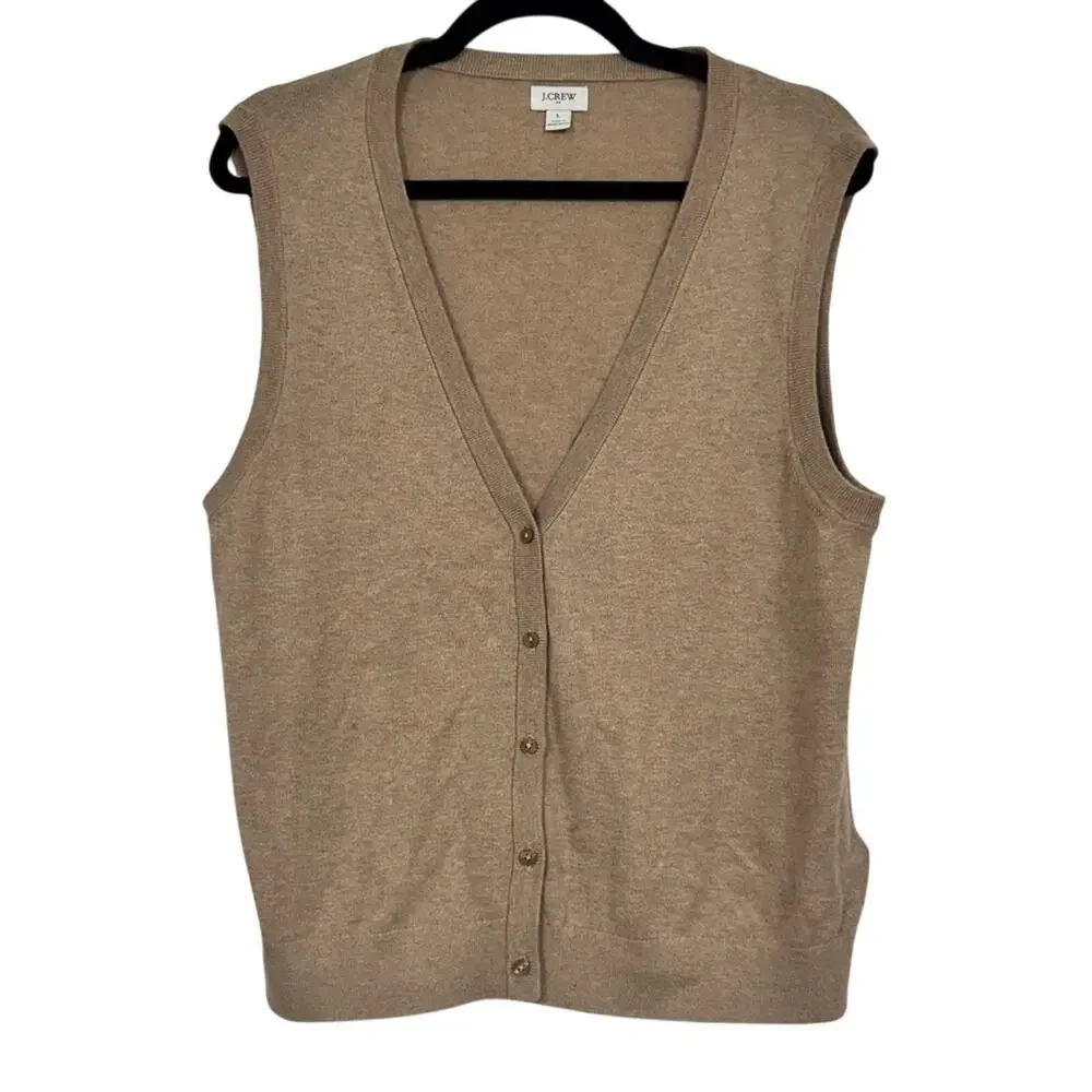 J Crew Tan Cotton Sweater Vest Womens L Preppy Dark Academia Classic Old Money
